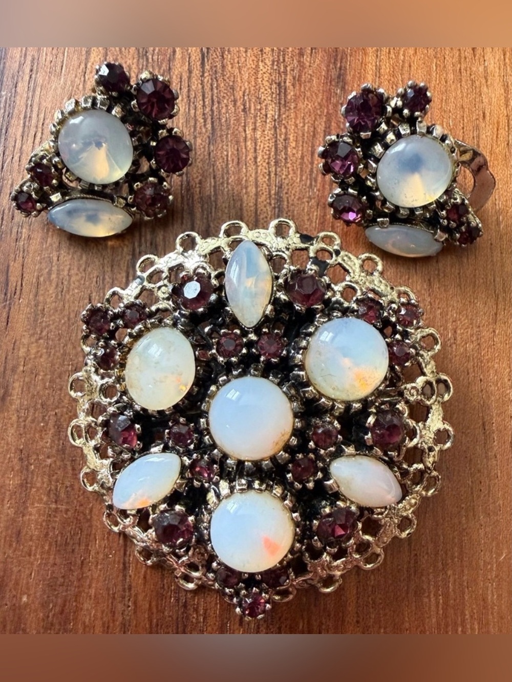 VTG West Germany Gripoix Opalite Purple Rhinestone Brooch Pin Clip on Earrings